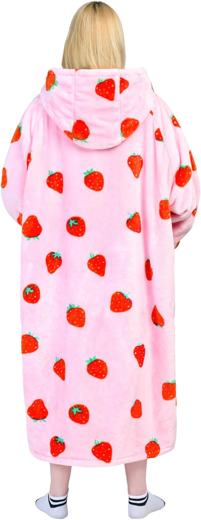 Waitu Wearable Blanket Sweatshirt Gifts for Women and Men, Warm and Cozy Giant Blanket Hoodie, Thick Flannel Blanket with Sleeves and Giant Pocket - Strawberry Pink