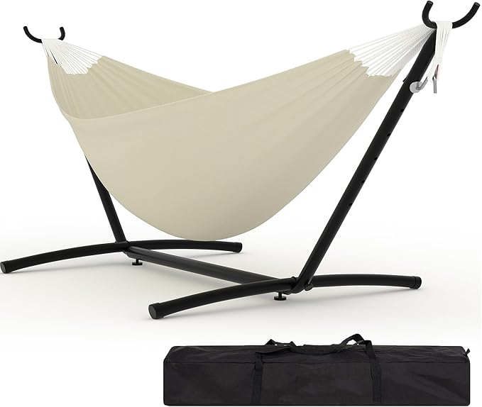 Double Hammocks with Stand for Outside, Portable Space Saving Heavy-Duty Steel Stand for Indoor Outdoor Patio with Carrying Bag, 450 lbs Capacity