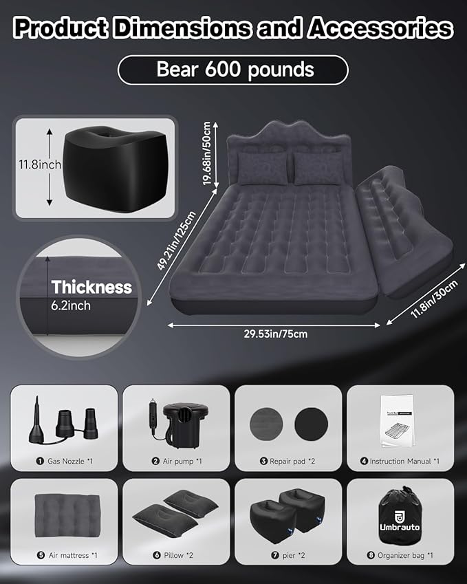 Umbrauto Inflatable Car Mattress Bed: SUV Camping Air Bed for Truck Backseat with Pump & Pillows, Car Sleeping Airbed for Van Back Seat