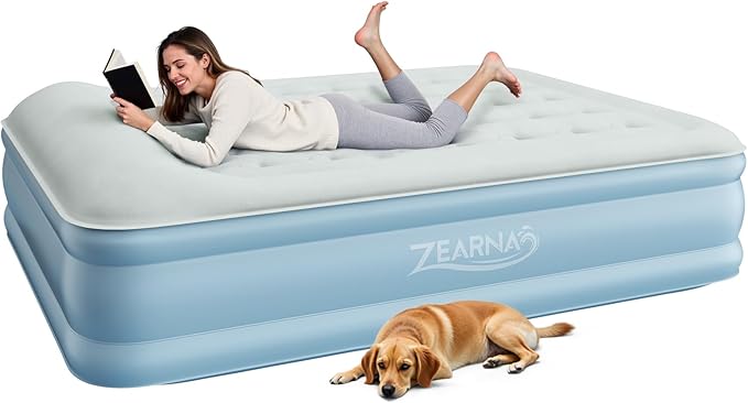 Zearna Air Mattress Queen with Built in Pump, Blow Up Mattress 18 Raised Comfort, Upgraded Surface Portable Air Bed with Pillow, Inflatable Mattress for Camping, Home and Guest, 650 lbs Max