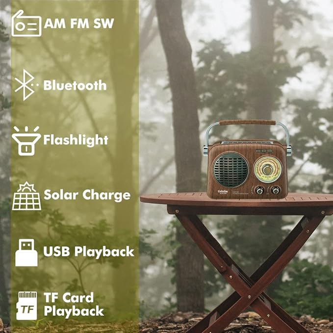 Gelielim Radios Portable AM FM SW,Vintage Radio Bluetooth Speaker with Crystal Clear Sound, Rechargeable Battery Powered, Retro Small Radio with Solar Panel & Flashlight, Gifts for Seniors Elderly