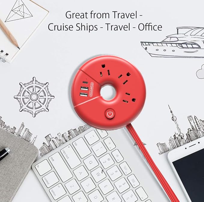 Travel Power Strip, NTONPOWER Desktop Charging Station with 3 Outlets 3 USB Short Wrapped Extension Cord 3ft for Travel, Cruise Ships, Office, Nightstand, Red
