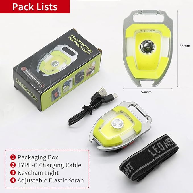 BY-J LED Small Flashlight, Snap-on Key Chain Light, COB Multi-Function Mini Work Light, 600 Lumens Rechargeable, 7 Lighting Modes with Fire Starter, Seat Belt Cutter, Screwdriver, Whistle, Yellow