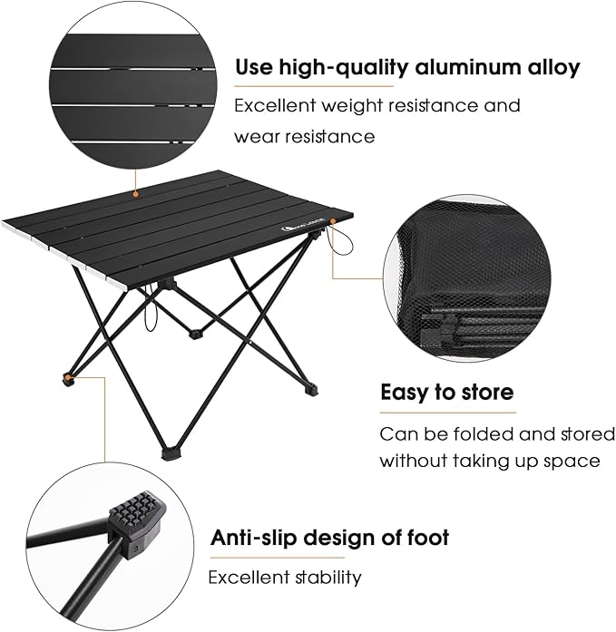 MOON LENCE Ultralight Folding Camping Table, Compact,Portable with Carry Bag, for Outdoor Cooking, Picnic, Camp, Boat, Travel (Black - M)