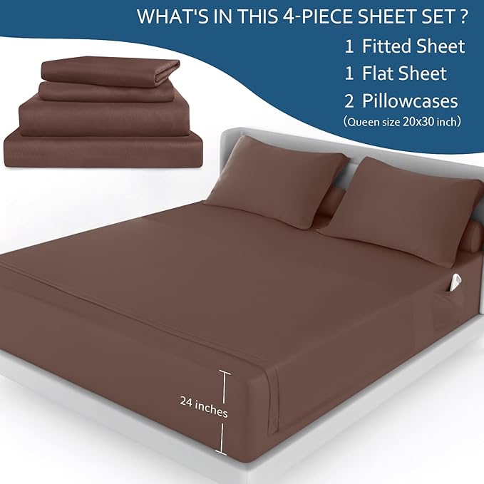 Moonsea Deep Pocket Full Sheet Set - Full Size Sheet Sets for Air Mattress - Breathable & Extra Soft Easy Fit 16in to 24in Mattress - 4 Piece Set - Brown Bed Sheets Set
