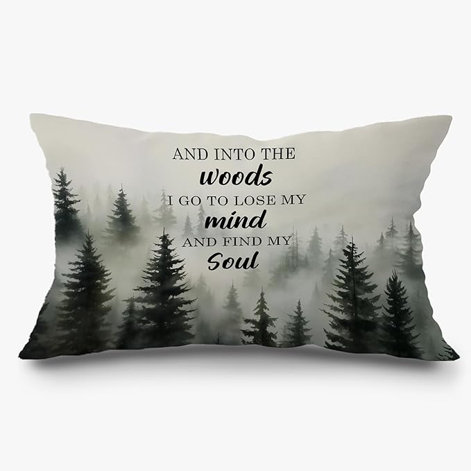 Inspirational Forest Mountain Nature Pillow Covers 12x20, and Into The Woods I Go to Lose My Mind Decorative Lumbar Pillow Covers for Home Cabin Lake House, Gifts for Nature Lovers