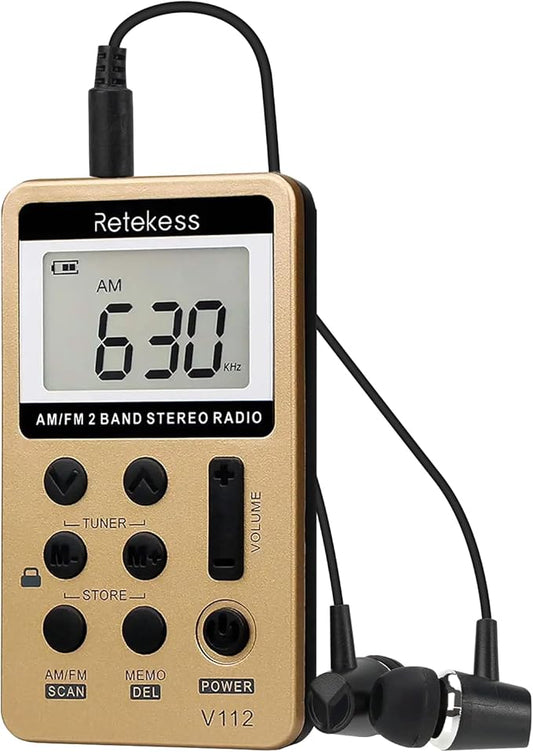 Retekess V112 AM FM Radio Portable, Mini Radio,Digital Tuning Rechargeable Battery LCD Display for Walking Jogging(Gold)