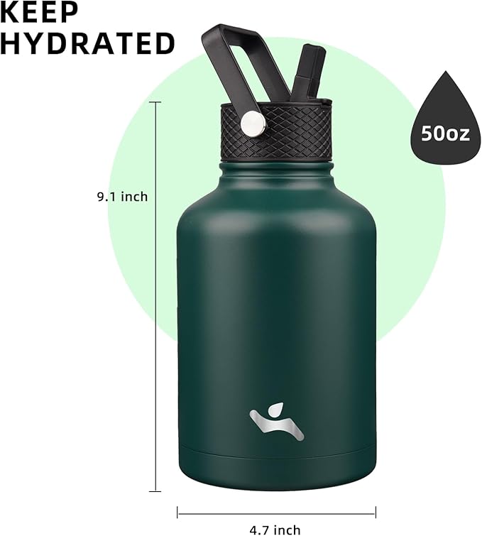 Konokyo Insulated Water Bottle with Straw,50 oz 3 Lids Water Jug with Carrying Bag,Paracord Handle,Double Wall Vacuum Stainless Steel Metal Flask,Dark Green