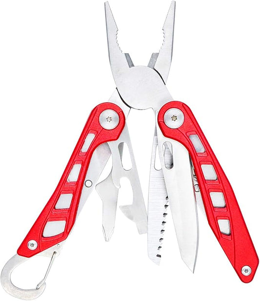 Amazon Basics 8-in-1 Stainless Steel Multitool with Safety Lock and Nylon Sheath, Red