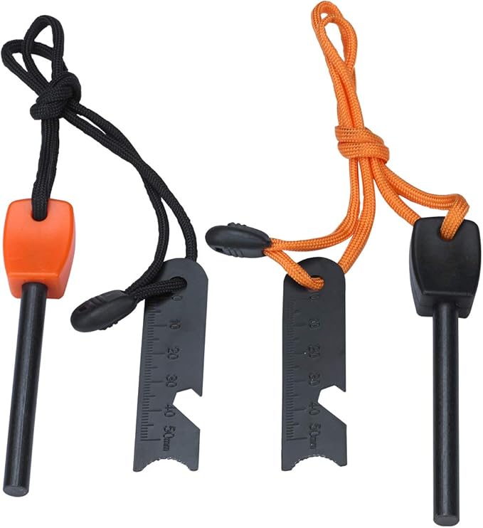 FOSTAR Ferrocerium Alloy Rod Fire Starter, 5/16 Inch Thick Waterproof Fire Steel, Bushcraft Ferro Rod with Easy Grip Handle, Multi-Tool Striker and Paracord Lanyard (2PCS, Black and Orange)