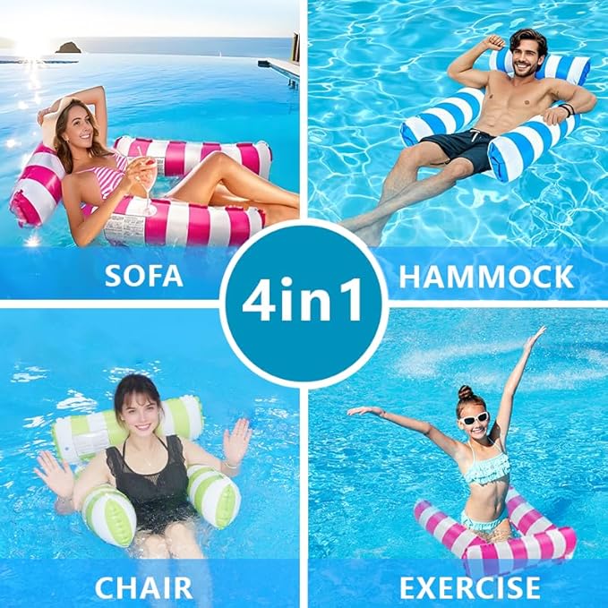 Pool Floats Adult, 4-in-1 Inflatable Water Hammock, 3 Tubes Inflatable Hammock for Adults, Portable Floating Chair Bed, Pool Floaties Toys for Adults Vacation Fun and Rest, Free Inflatable Pump