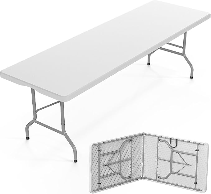 Bonnlo Folding Table 8ft, Portable Collapsible Plastic White Long Tables for Party, Camping, Banquet, Craft, Dining, Wedding, Outdoor and Indoor Use