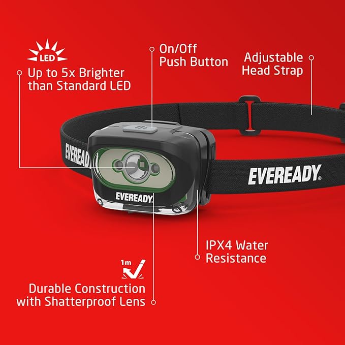 Rechargeable LED Headlamps by Eveready (2-Pack), IPX4 Water Resistant Head Lights for Running, Camping, Emergency, Outdoors (USB Cable Included),Black (2-Pack),Adjustable
