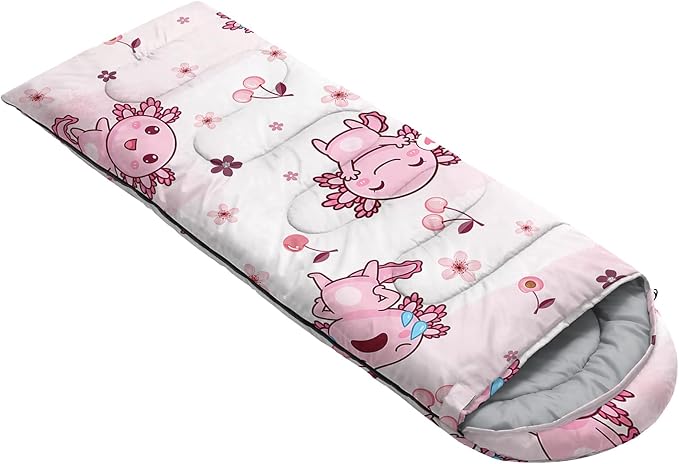 QOOMO Axolotl Cute Camping Sleeping Bags,3 Season Warm & Cool Weather,Lightweight,Waterproof Sleeping Bags for Adults & Kids,Traveling,and Outdoors