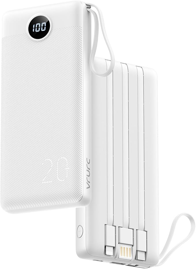 VRURC Portable Charger 20000mAh, Built-in Cables Fast Charging Power Bank, PD QC 3.0 Travel Essentials Battery Pack, 4 Output & 2 Input Phone Charger for iPhone16 15 14 13 X, Samsung, Android