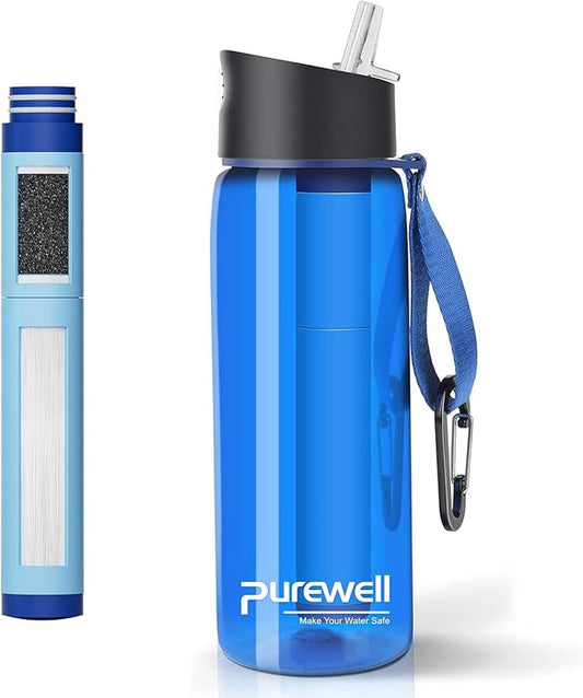 Purewell Filtered Water Bottle BPA Free with 5-Stage Integrated Filter Straw for Camping, Hiking, Backpacking and Travel
