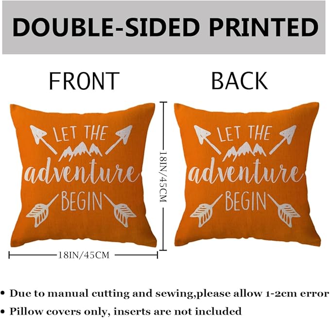 ULOVE LOVE YOURSELF Adventure Arrow Throw Pillow Covers Mountain Forest Pillowcases 18 x 18 Inch Let The Adventure Begin Decorative Cushion Covers for Cabin/Camper (Orange)