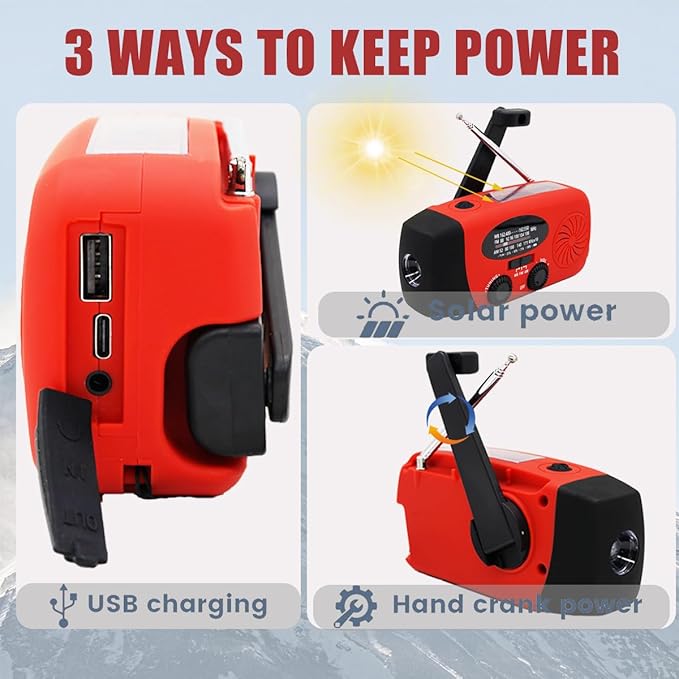 2024 Upgrade 5000mah Alertsync NOAA Weather Emergency Radio with Solar Charging, AM FM Hand Crank Windup Radio SOS Alarm LED Flashlight with Earphone Jack for Home, Camping, Survival Hurricane (Red)