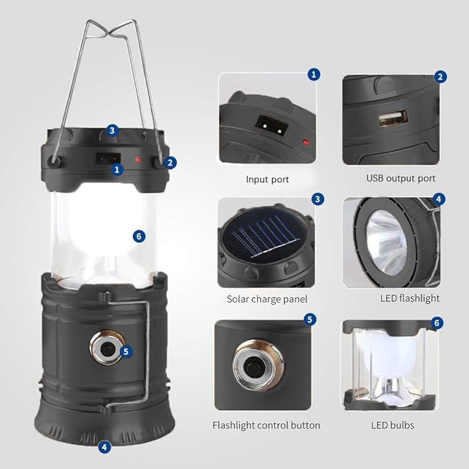 Censinda LED Camping Lantern, Solar and Rechargeable Lantern Flashlight Collapsible and Portable Light for Daily/Camp/Hiking/Night Fishing/Emergency/Hurricanes/Storm(Black, 1 Pack)