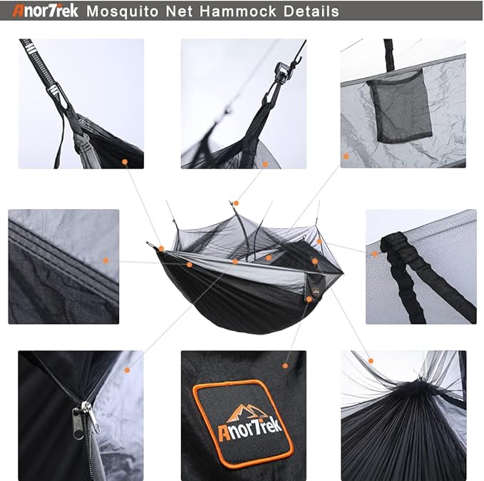 AnorTrek Camping Hammock with Mosquito Net, Double & Single Lightweight Portable Hammocks with Tree Straps, Parachute Hammock for Camping, Backpacking