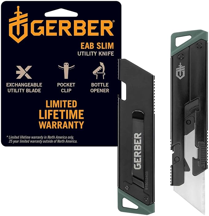 Gerber Gear EAB Utility Knife, Clips to Pocket or Keychain with Replaceable Razor Blade for Everyday Carry, EDC Gear with Box Cutter Retractable, Mini Black