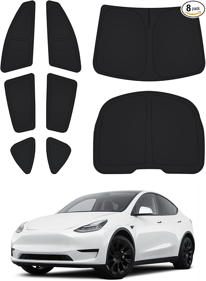 Canvcle Windshield Sun Shade for Tesla Model Y 2020-2024 Accessories Side Rear Window Shade Cover Set Window Sun Visor Blocker Privacy Cover for Camping Keep Vehicle Cool Black 8PCS (Not for Juniper)