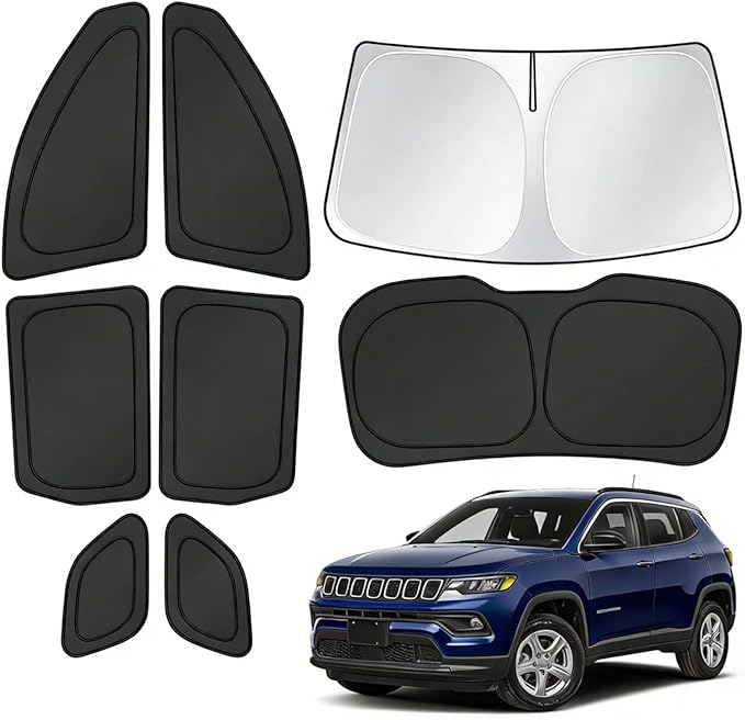 T TGBROS Windshield Sun Shade for Jeep Compass 2017-2020 2021 2022 2023 2024 Car Window Shades Thicken UV Block and Blackout Privacy Foldable Sunshades 8PCS Accessories Keep Cool Sun Visor Covers