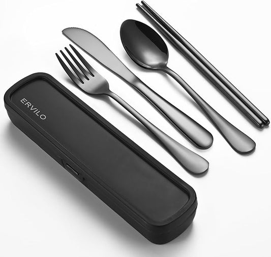Travel Utensils with Case, Stainless Steel Camping Cutlery Set, Reinforced Case with Snap-Lock Closure, Include Fork Spoon Knife Chopsticks, Portable Lunch Box Silverware for Picnic Office, Black