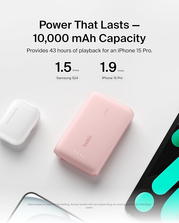 Belkin Portable Charger Power Bank USB C, 10000 mAh w/Integrated Cable, 20W Fast Charge USB-C Power Delivery, iPhone Charger, Apple iPhone 17, Air, Pro, Pro Max, iPad, Samsung Galaxy S25 - Pink