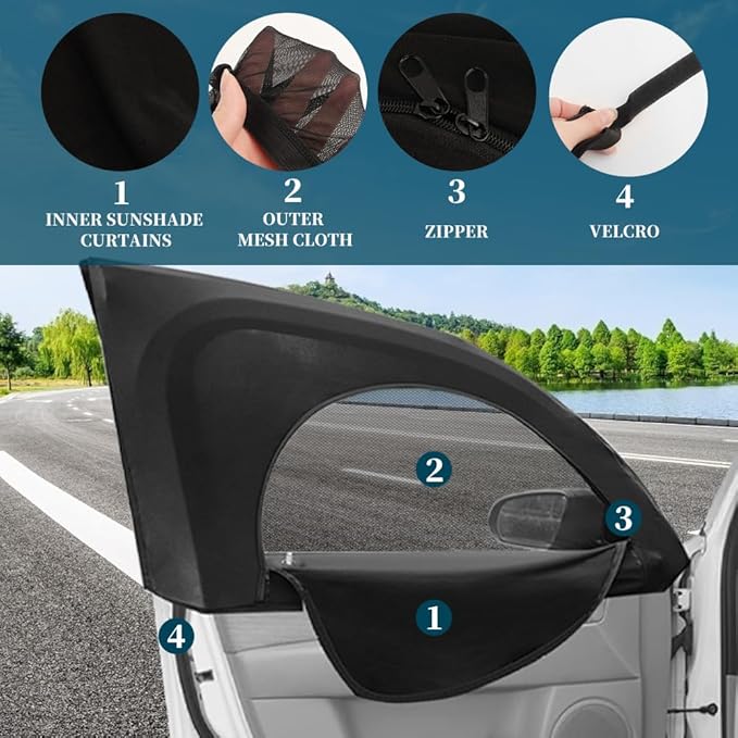 2PCS Double Mesh Car Window Shades for Baby,Upgrade Stretchable Car Window Covers for Privacy with Zipper,Breathable Front/Rear Cars Curtains for Camping/Traveling/Resting (Front Window/2PCS)