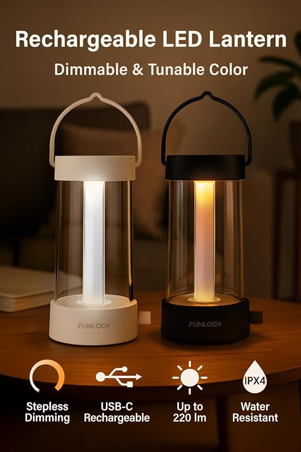 FUNLOGY Lantern - Rechargeable LED Camping Lantern, Vintage 360° Dimmable Light , 4000mAh Power Bank, High CRI 95, IPX4 Water-Resistant, Portable for Home, Emergency, Outdoor, White
