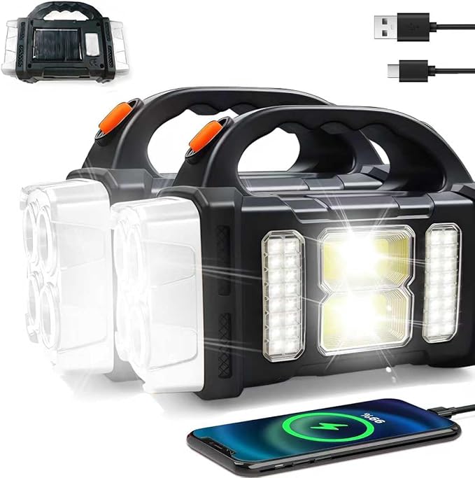 Versatile Solar Flashlight with Dual Charging Modes | 4 Light Modes USB/Solar Powered| Portable Emergency Charger & Outdoor Camping Light (Silver-2pcs)
