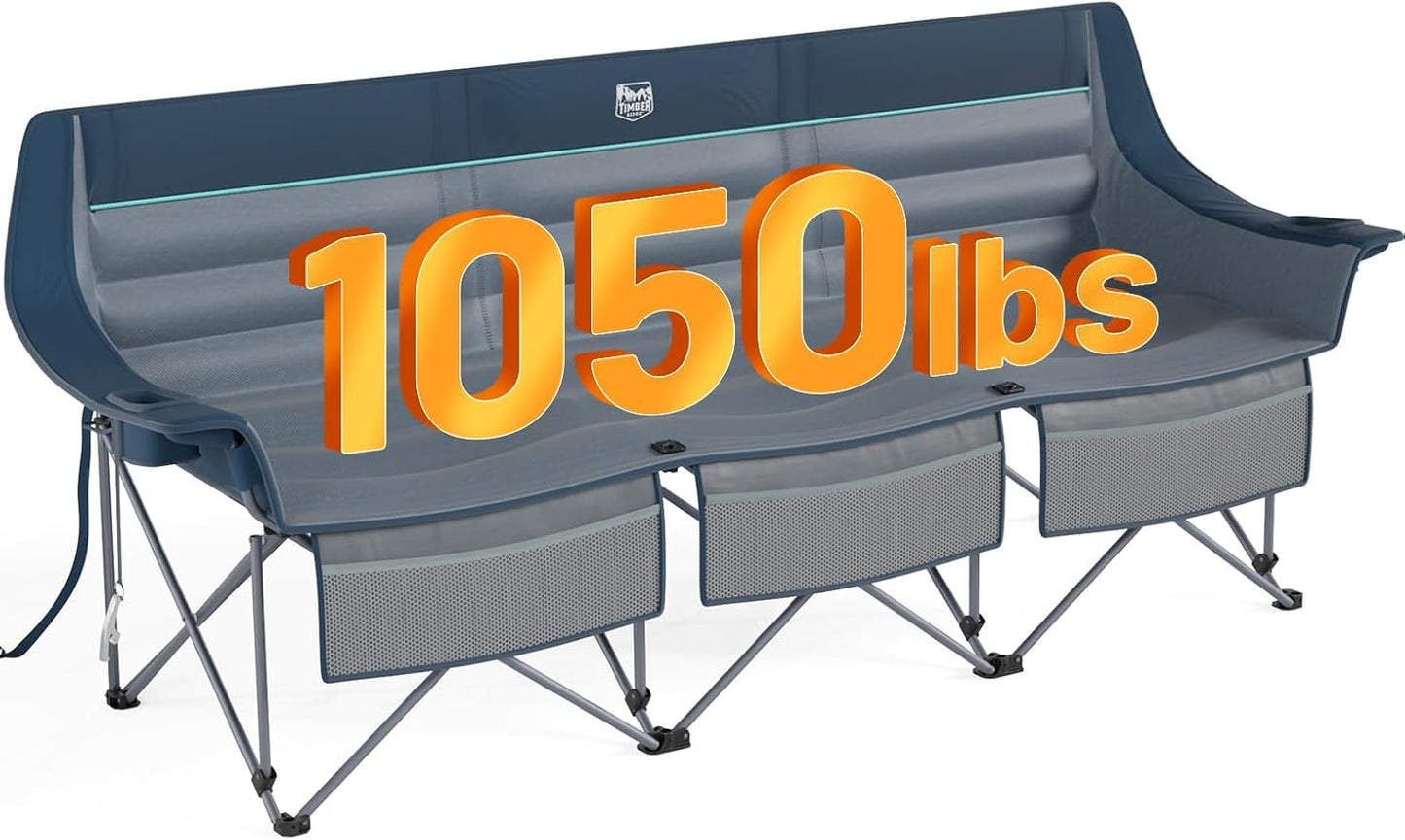 Timber Ridge 3 Person Camping Chair with Cup Holders and Pockets, Outdoor Folding Loveseat Camping Chairs, 1050lbs Capacity Heavy Duty Camp Couch for Outside Picnic, Beach, Lawn, Sports, Blue