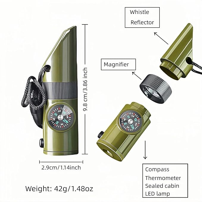 Emergency 7-in-1 Survival Whistle Kit:120dB Loud Safety Whistle with Compass,Thermometer, LED Light ,Signal Mirror & Waterproof Case for Outdoor Adventures Fire Starter for Hiking/Camping/Water Safety