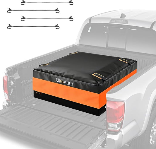 [High Visibility] Waterproof AlltoAuto Truck Bed Bag with Orange Safety Trim, 26 CuFt Heavy Duty Cargo Carrier for Pickup Truck, Weatherproof Storage Bag for Camping & Road Trips