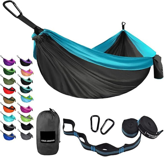 Gold Armour Camping Hammock - Portable Hammock Single Hammock Camping Accessories Gear for Outdoor Indoor Adult Kids, USA Based Brand (Gray & Blue)