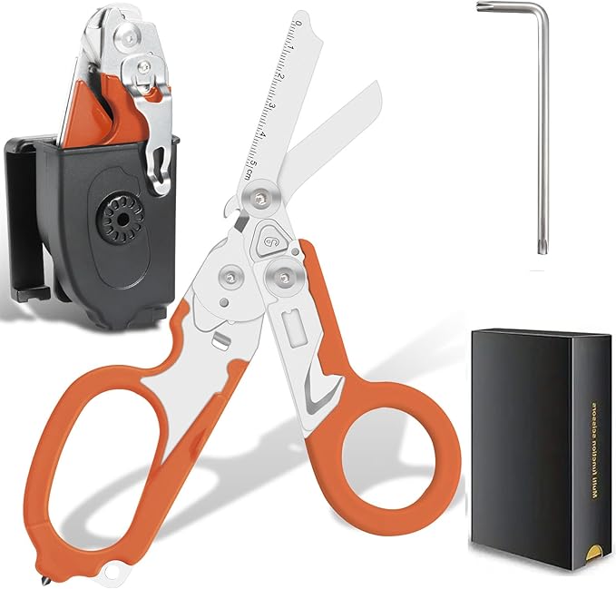 6-in-1 trauma shears - emergency responders, outdoor emergencies, medical staff, and outdoor camping, Gift box packaging with scissors storage K sheaths (Orange)
