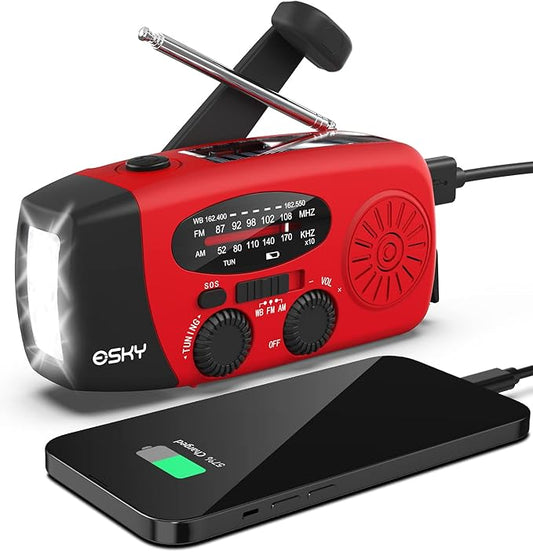 Esky Emergency Hand Crank Radio 7400mWh with 3 LED Flashlight, AM/FM/NOAA Portable Weather Radio with Rechargeable 2000mAh Battery, Solar Powered Radio for Indoor Outdoor Survival Camping, SOS Alarm