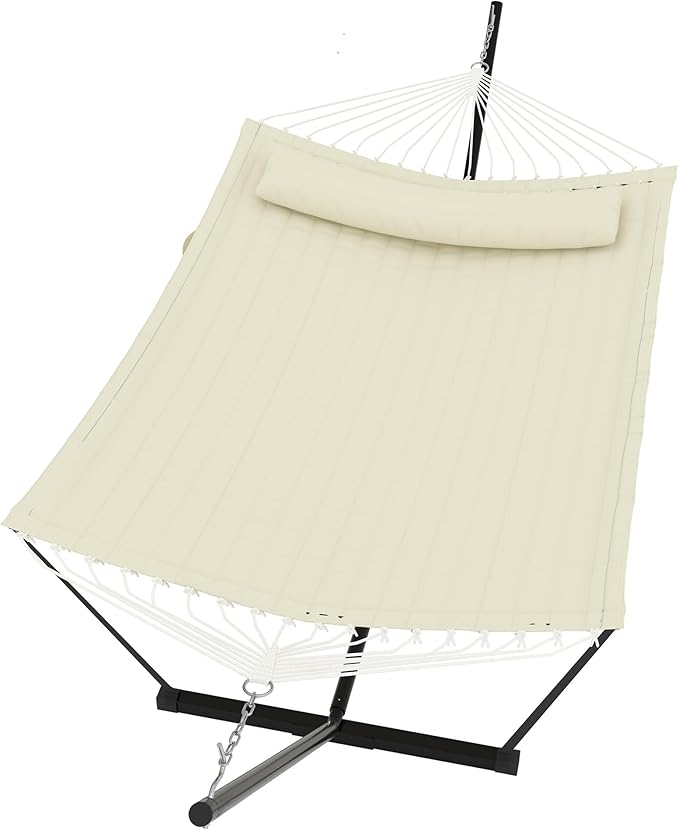2 Person Double Hammock with Stand & Pillow, 450 LBS Heavy Duty Outdoor Hammock with Balance Rope for Patio Backyard Poolside