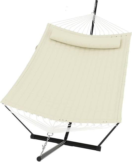 2 Person Double Hammock with Stand & Pillow, 450 LBS Heavy Duty Outdoor Hammock with Balance Rope for Patio Backyard Poolside