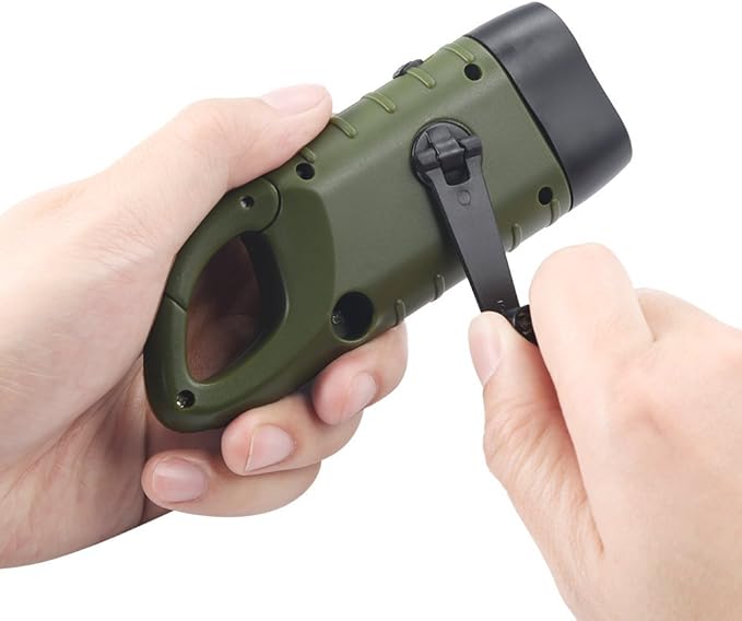 Simpeak 2-Pack Hand Crank Solar Powered Flashlight, Emergency Rechargeable LED Survival Flashlight, Quick Snap Carbiner Dynamo Flash Light Torch for Outdoor Sports, Green