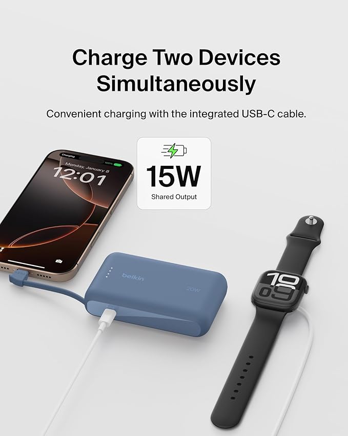 Belkin Portable Charger Power Bank USB C, 10000 mAh w/Integrated Cable, 20W Fast Charge USB-C Power Delivery, iPhone Charger, Apple iPhone 17, Air, Pro, Pro Max, iPad, Samsung Galaxy S25 - Blue
