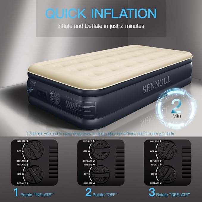 SENNOUL Twin Air Mattress with Built-in Pump,Fast & Easy Inflation/Deflation Inflatable Mattress, Foldable Blow Up Mattress with Storage Bag, Inflatable Bed for Home, Camping & Guests,18"/550lbs Max