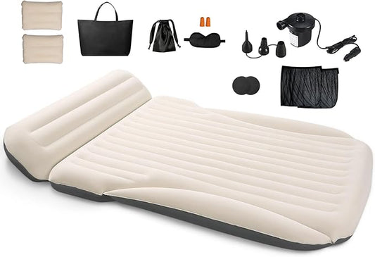Ciremiv Car Bed with The Most Complete Sleeping Accessories,Leakproof Durable Car Mattress, with Pillow & Pump|for SUV Minivan Mpv Road Trip Inflatable Bed,Single-Sided Flocking Off-White + Gray