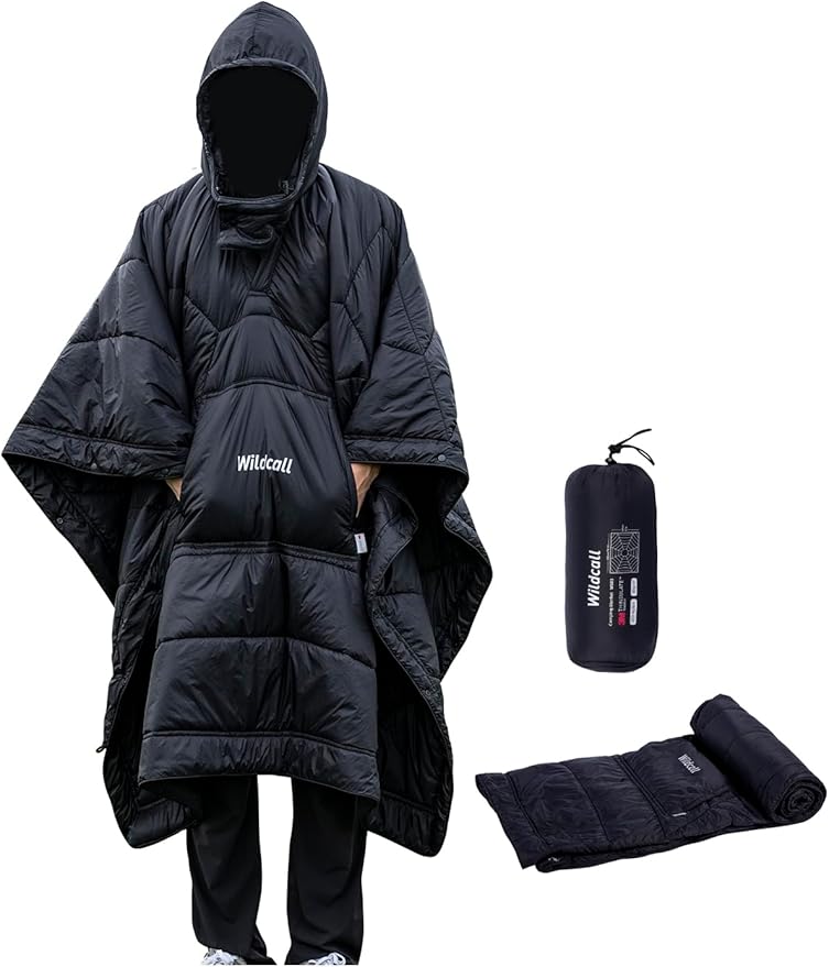 WildCall Hooded Camping Blanket with 3M Thinsulate Insulation Wearable Poncho Blanket Ultralight Foldable Quilt Sleeping Bag for Outdoor, Hiking, Stadium
