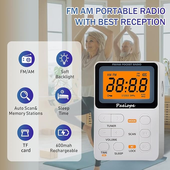 Portable Radio AM FM, Rechargeable Pocket Speaker with Best Reception Digital Tuning, MP3, Stereo Earphone, Large LCD Screen, TF Card Socket, Transistor Radio for Jogging/Gym/Camping(White)
