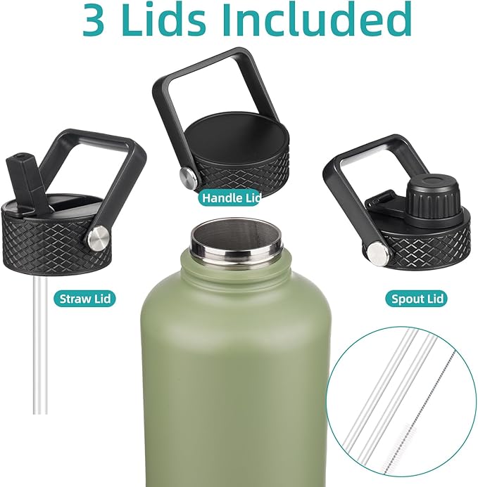 Konokyo Insulated Water Bottle with Straw,50 oz 3 Lids Water Jug with Carrying Bag,Paracord Handle,Double Wall Vacuum Stainless Steel Metal Flask,Camp Green