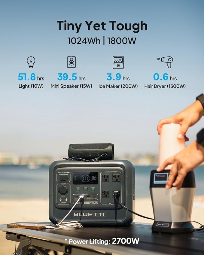BLUETTI Elite 100 V2 Portable Power Station with Bag (Ship Separately), 1024Wh LFP Battery Backup w/ 4 1800W AC Outlets (3600W Surge), 35% Smaller, Solar Generator for Camping, Outages, and UPS Backup