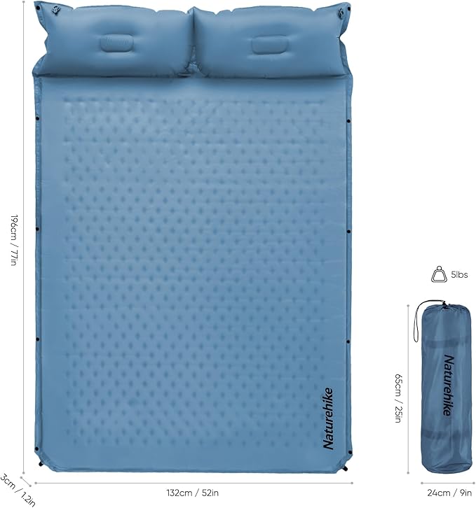 Naturehike Camping Sleeping Pad, Ultralight Camping Mat 2 Person with Pillow, Fast Inflating, Memory Foam Sleeping Pad for Hiking, RV Camping, Blue
