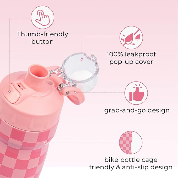 Kids Water Bottle with Straw 18 oz - Stainless Steel Insulated Tumbler for Gym & Bike (Fits Holders) - Leak Proof Pop-Up Lid, 2-in-1 Sip or Chug, Handle & Cute Pink Checkered Print
